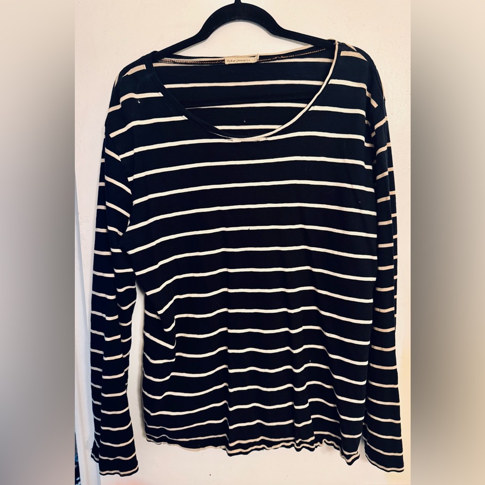 Nudie Jeans- otto raglan  Black and Cream Striped Long Sleeve Top